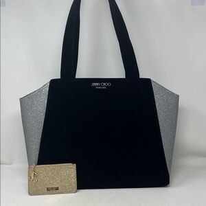 JIMMY CHOO PARFUMS BUNDLE BLACK VELVET SILVER GLITTER STRUCTURED TOTE GOLD POUCH
